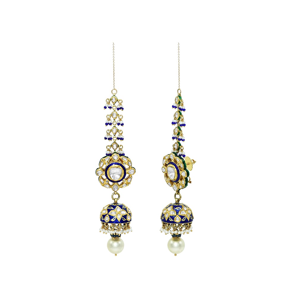 Blue Meenakari Jhumki Earrings with Polki and Pearl Drops